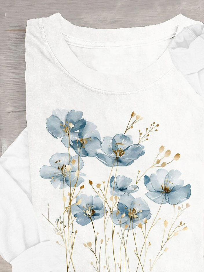 T-shirts Femmes Décontracté Floral Printemps / Automne Ample en Mélangé de Coton Droit Régulier Élasticité moyenne Oui