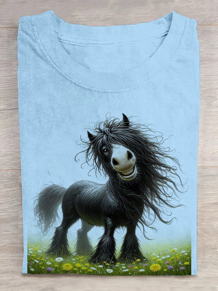 T-shirts Femmes Décontracté cheval Été Coton Quotidien Ample Régulier Élasticité moyenne Oui