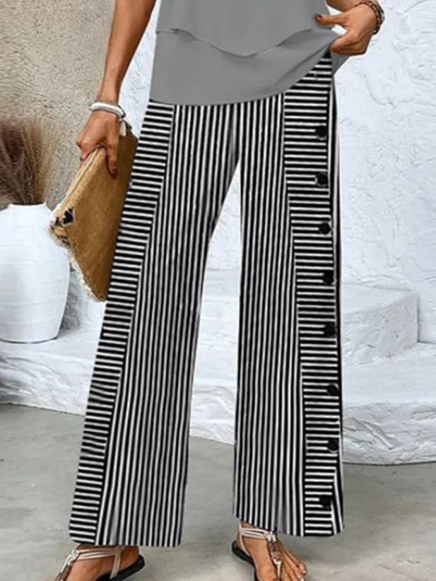 Deux Pièces Ensembles Femmes Rayé Décontracté Été Aucune élasticité Coupe Régulière Top Avec Pantalons Droit Régulier Non