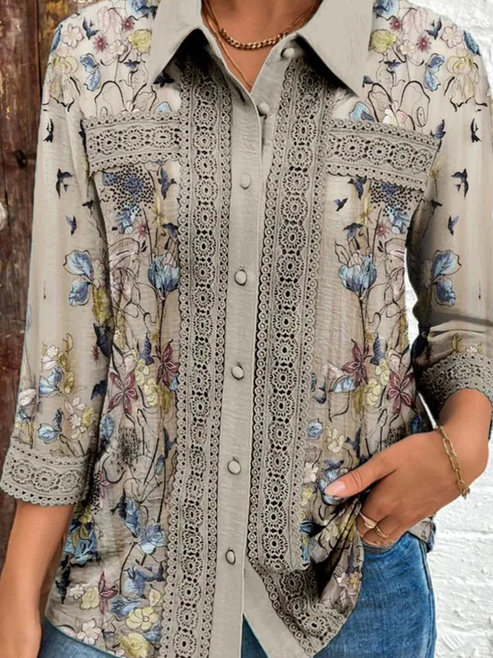 Chemises Femmes Décontracté Floral Printemps / Automne Polyester Aucune élasticité Ample Manches trois quarts Régulier Régulier