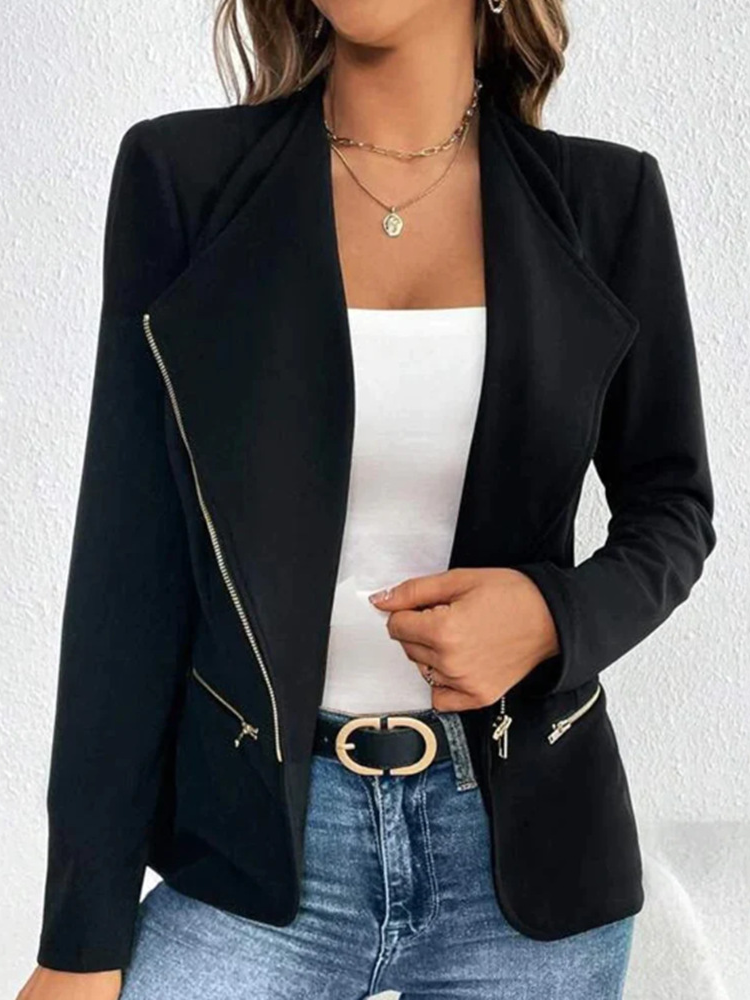 Micro-élasticité Col Châle Manches trois quarts Régulier Plain Blouson Zip pour Femmes