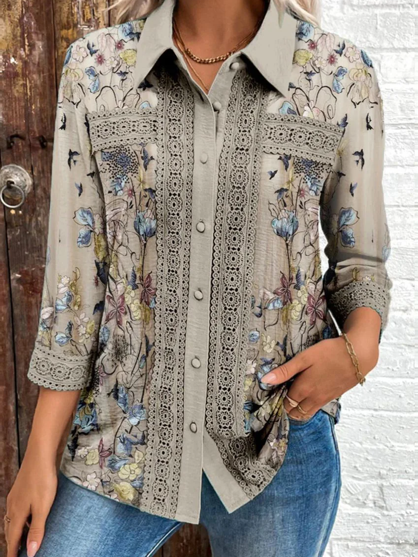 Chemises Femmes Décontracté Floral Printemps / Automne Polyester Aucune élasticité Ample Manches trois quarts Régulier Régulier