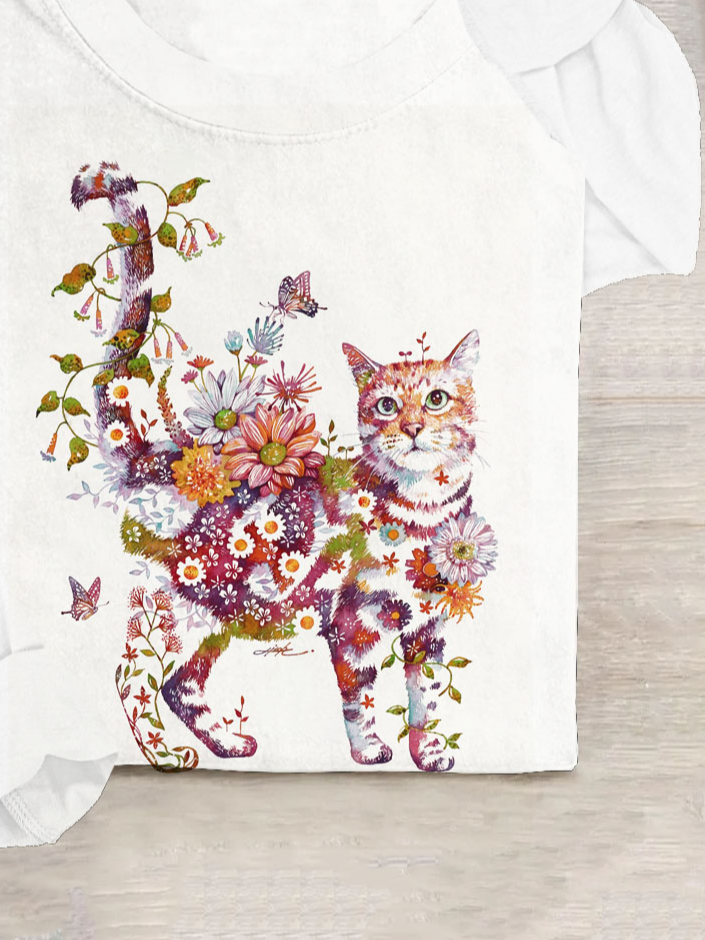 T-shirts Femmes Décontracté Floral Printemps / Automne Quotidien Ample en Mélangé de Coton Régulier Droit Régulier