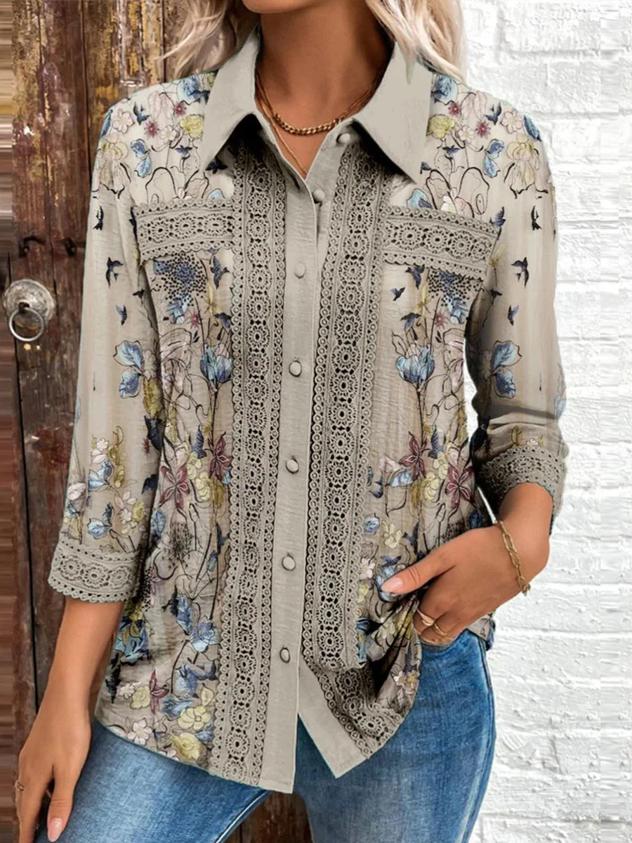 Chemises Femmes Décontracté Floral Printemps / Automne Polyester Aucune élasticité Ample Manches trois quarts Régulier Régulier