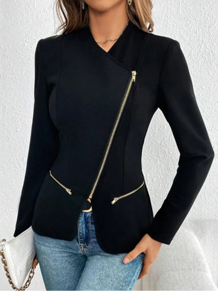 Micro-élasticité Col Châle Manches trois quarts Régulier Plain Blouson Zip pour Femmes