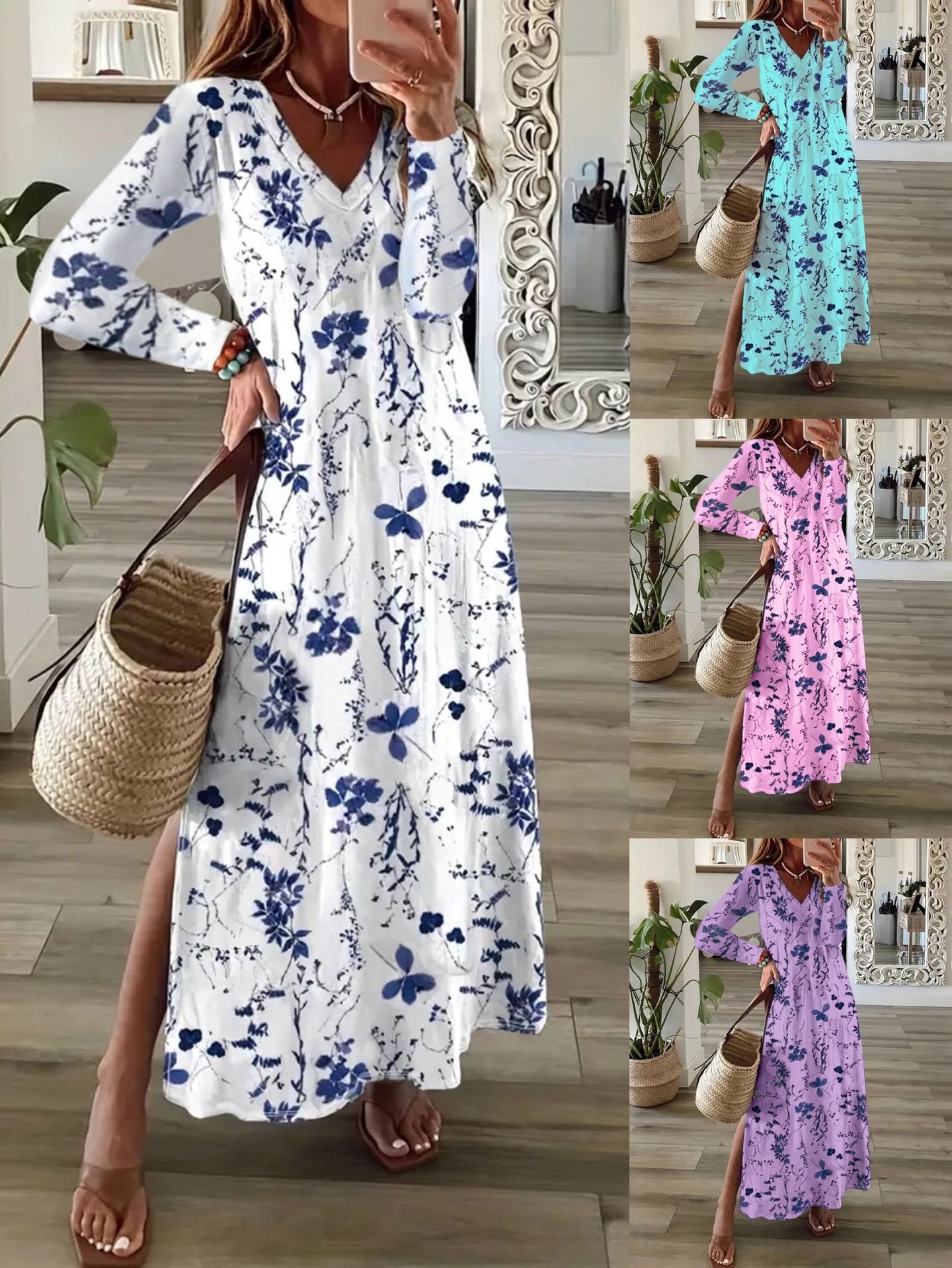 Femmes Floral Blanc Col V Confortable Robe Maxi Décontracté