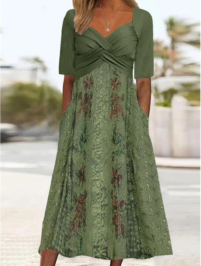 Femmes Floral Vert Foncé Col V Confortable Robe Maxi Décontracté