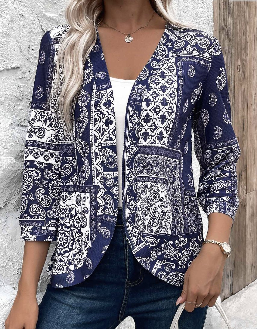 Col Châle Manches Longues Régulier Ethnique Blazer Boucle pour Femmes