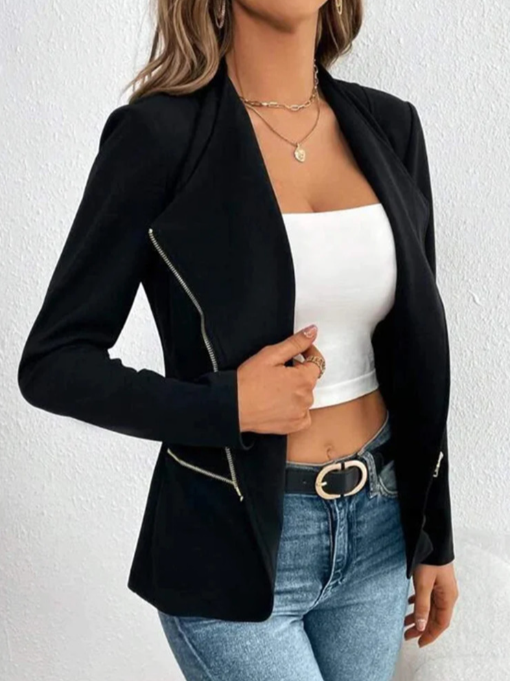 Micro-élasticité Col Châle Manches trois quarts Régulier Plain Blouson Zip pour Femmes