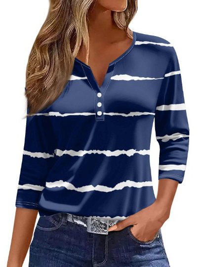 T-shirts Décontracté Printemps / Automne Abstrait Rayé Ample Jersey Manches trois quarts Régulier Régulier Non pour Femmes