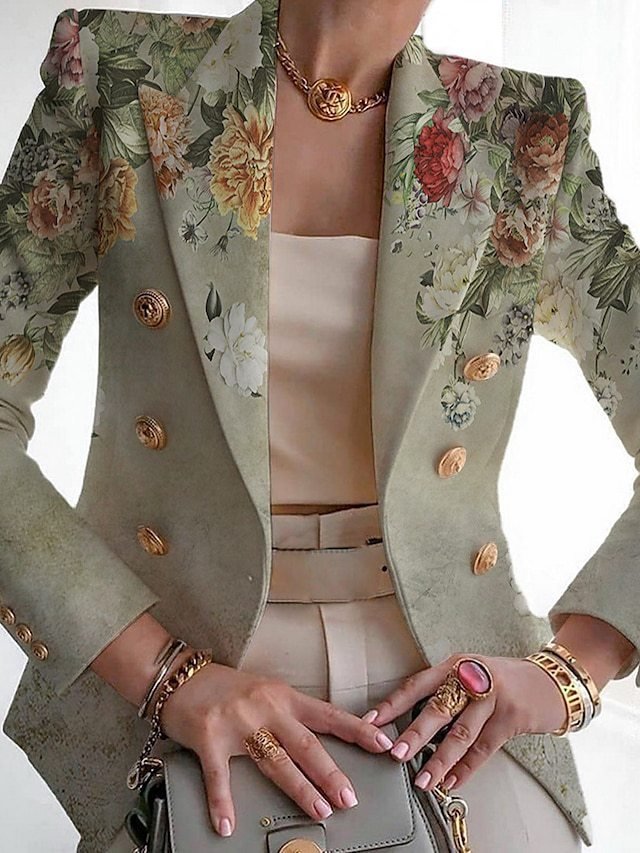 Col Châle Manches Longues Régulier Floral Blazer Boucle pour Femmes