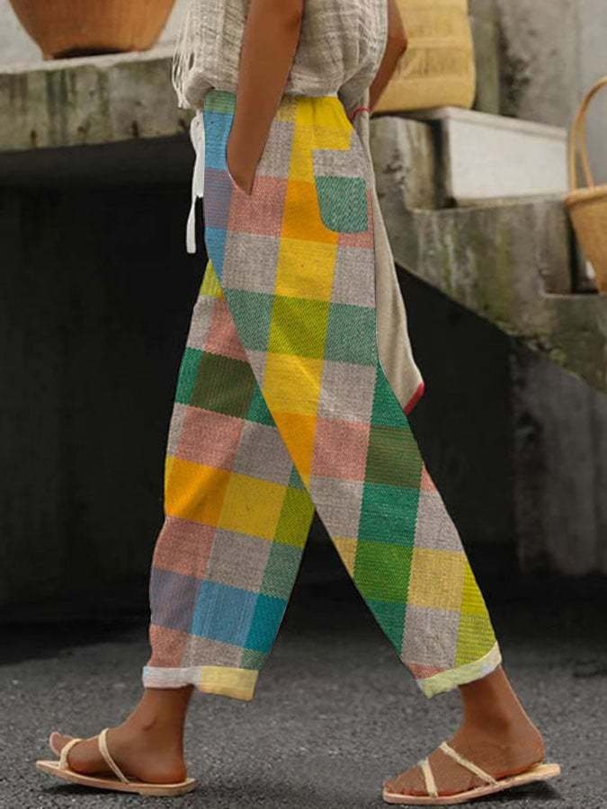 Pantalons Décontracté Printemps / Automne Plaid Coton Naturel Aucune élasticité Long Droit Régulier pour Femmes