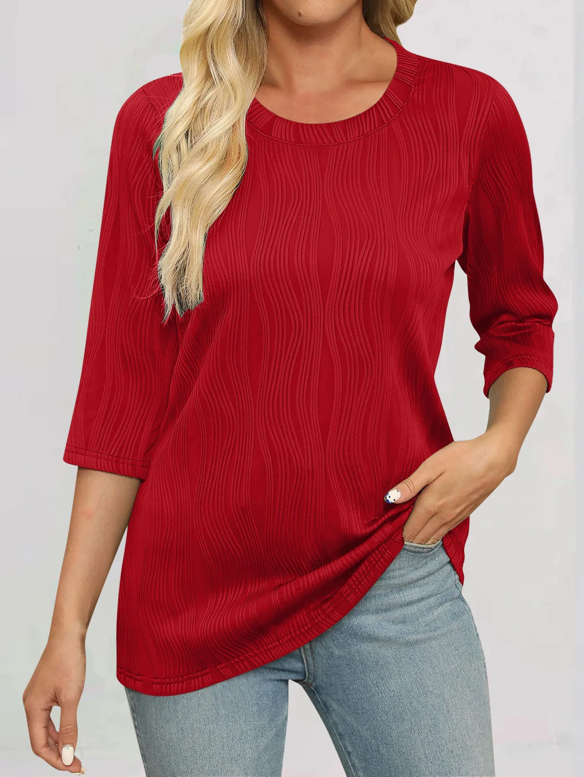 T-shirts Femmes Décontracté Plain Printemps / Automne Jacquard Jacquard Quotidien Col Rond Droit Régulier