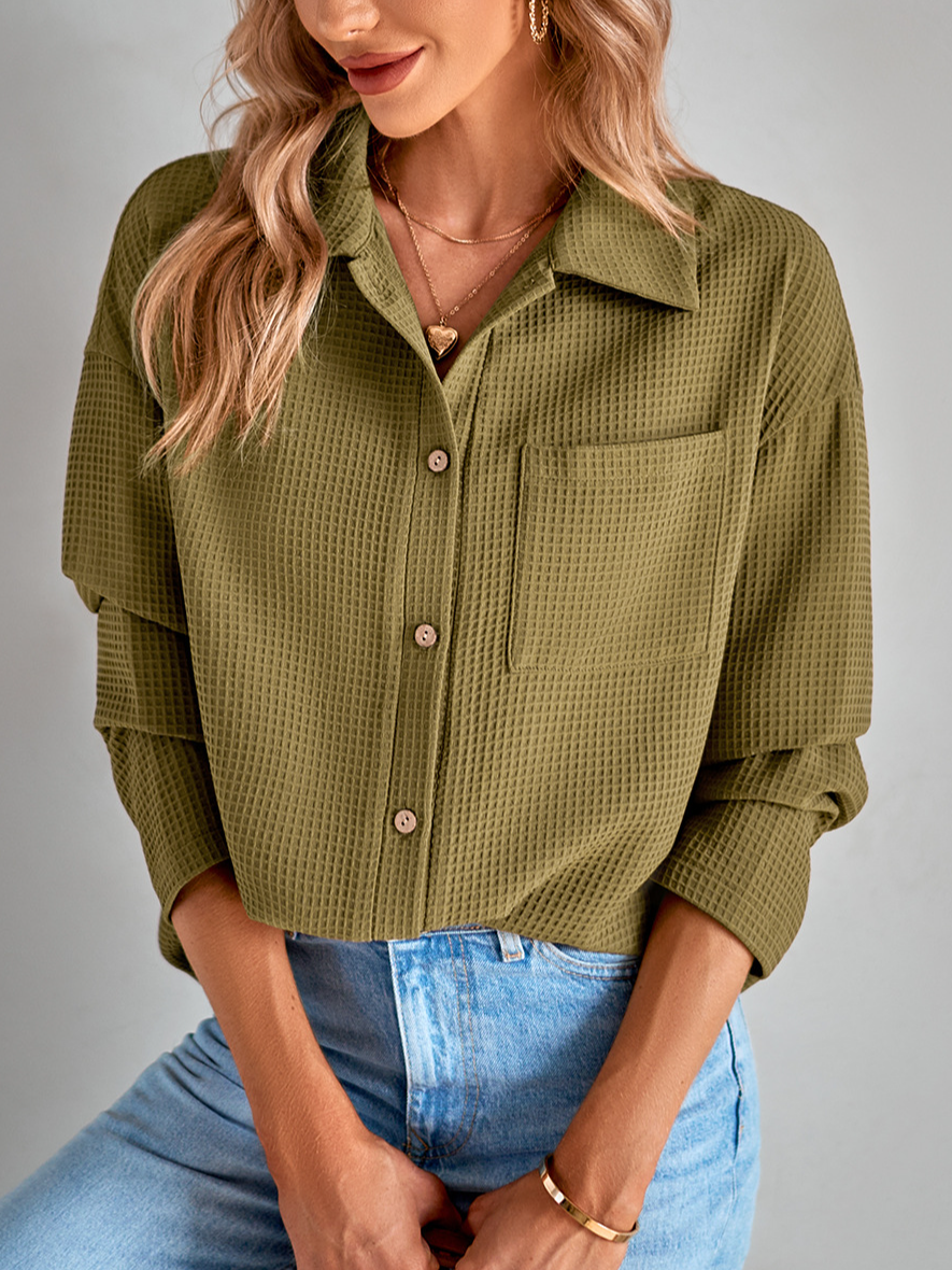 Micro-élasticité Col de Chemise Manches trois quarts Régulier Plain Blouson Zip pour Femmes