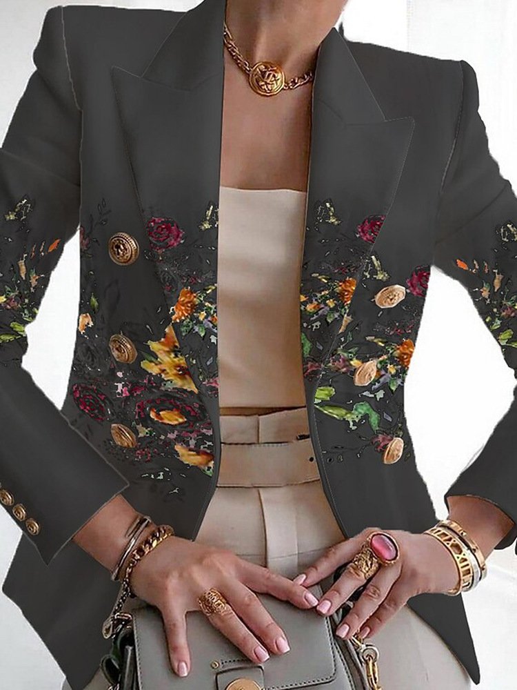 Col Châle Manches Longues Régulier Floral Blazer Boucle pour Femmes