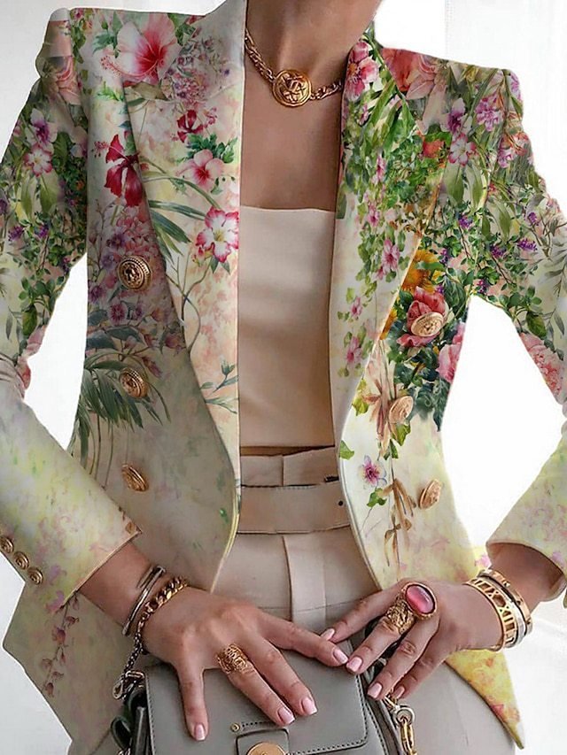 Col Châle Manches Longues Régulier Floral Blazer Boucle pour Femmes