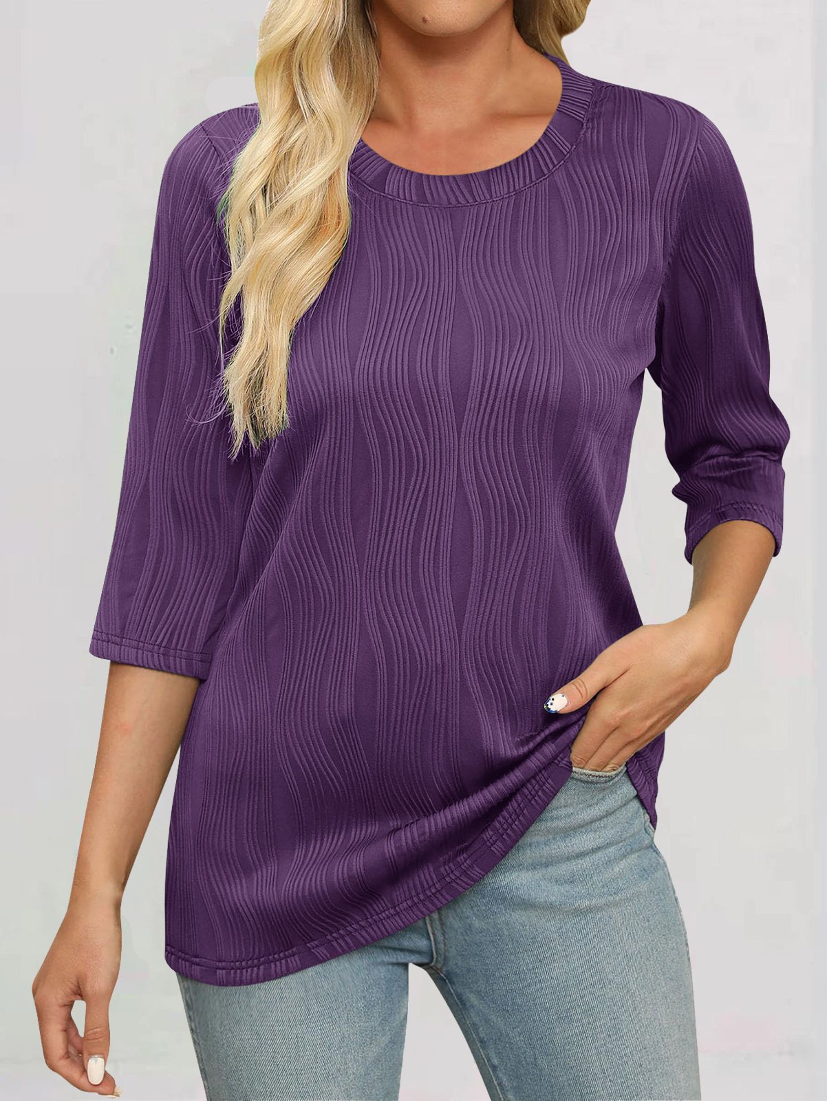 T-shirts Femmes Décontracté Plain Printemps / Automne Jacquard Jacquard Quotidien Col Rond Droit Régulier