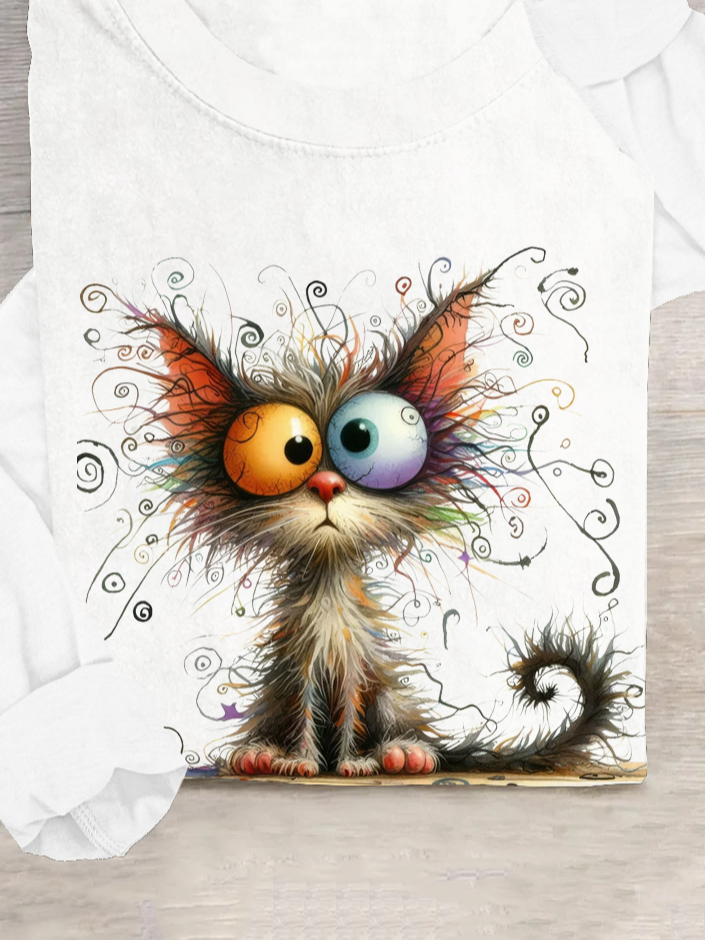 T-shirts Décontracté Printemps / Automne Chat Ample Manches Longues en Mélangé de Coton Régulier Élasticité moyenne Oui pour Femmes