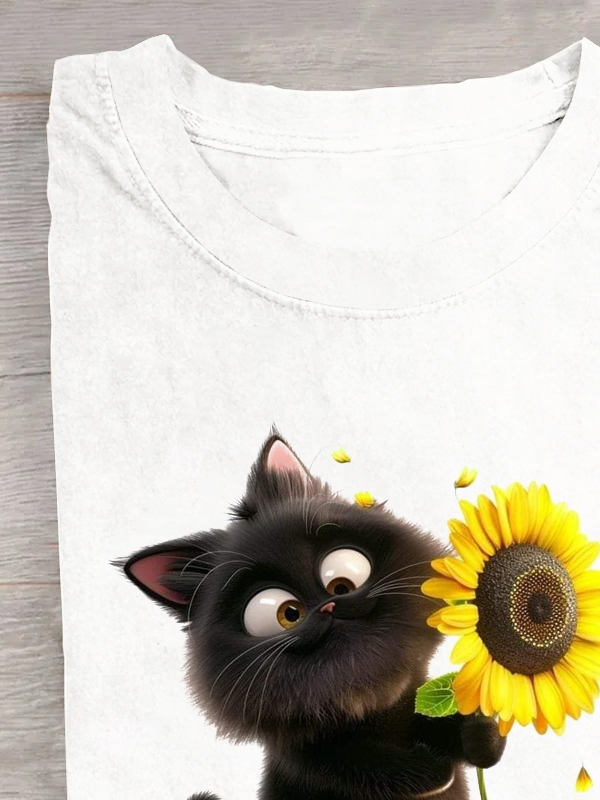 T-shirts Décontracté Été Chat Coton Ample Manches Courtes Régulier Régulier Oui pour Femmes