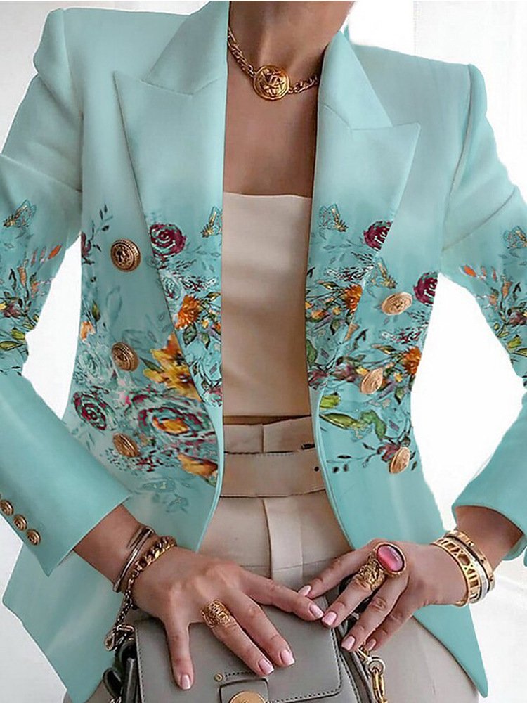 Col Châle Manches Longues Régulier Floral Blazer Boucle pour Femmes