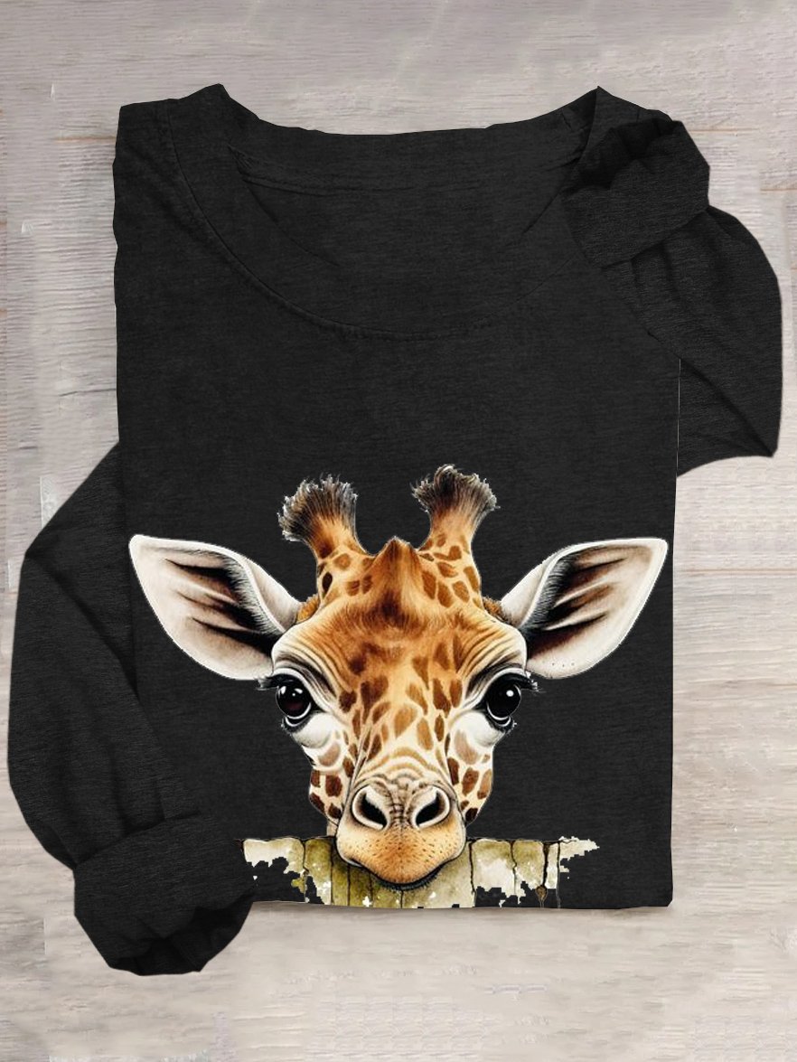 T-shirts Femmes Décontracté Imprimé d'Animal Printemps / Automne Ample Manches Longues en Mélangé de Coton Droit Régulier Élasticité moyenne