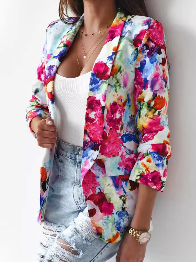 Col Châle Manches Longues Régulier Floral Blazer pour Femmes