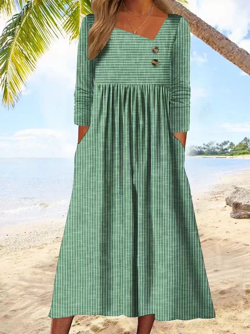Femmes Rayé Bleu Ciel Asymétrique Confortable Boucle Robe Maxi Décontracté