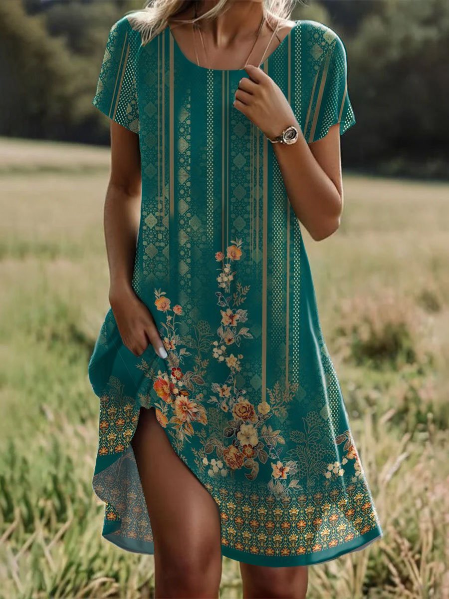 Femmes Floral Vert Col Rond Confortable Robe Mi-Longue Décontracté