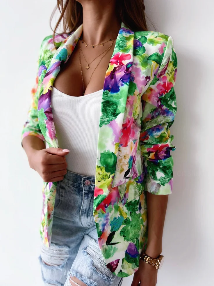 Col Châle Manches Longues Régulier Floral Blazer pour Femmes