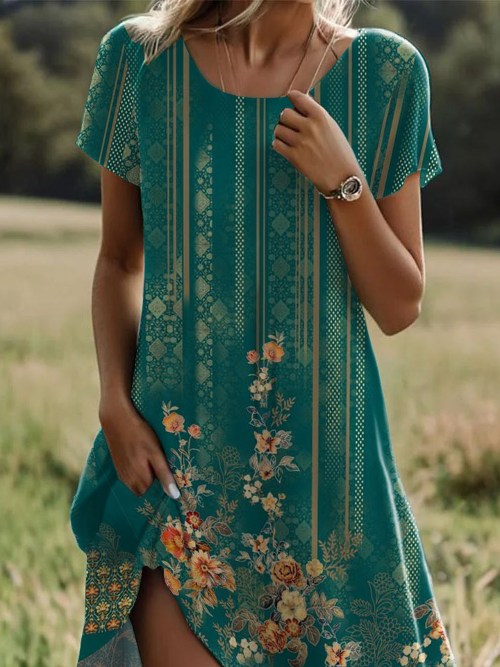 Femmes Floral Vert Col Rond Confortable Robe Mi-Longue Décontracté