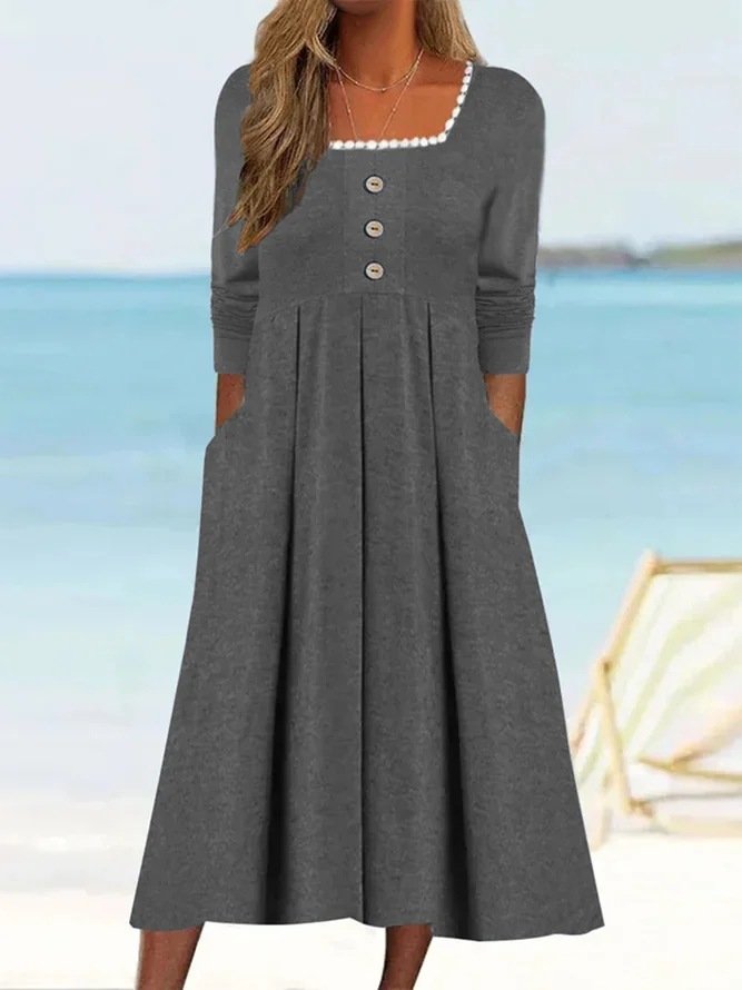 Femmes Plain Blanc Col Carré Confortable Boucle Robe Maxi Décontracté