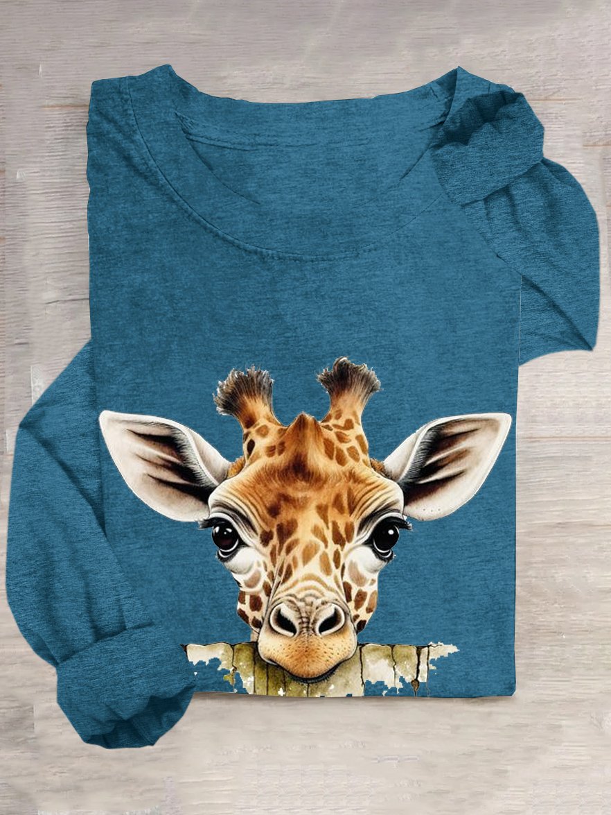 T-shirts Femmes Décontracté Imprimé d'Animal Printemps / Automne Ample Manches Longues en Mélangé de Coton Droit Régulier Élasticité moyenne