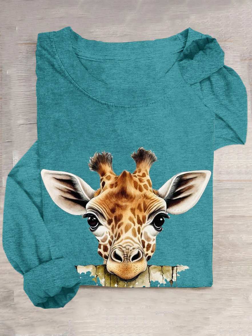T-shirts Femmes Décontracté Imprimé d'Animal Printemps / Automne Ample Manches Longues en Mélangé de Coton Droit Régulier Élasticité moyenne