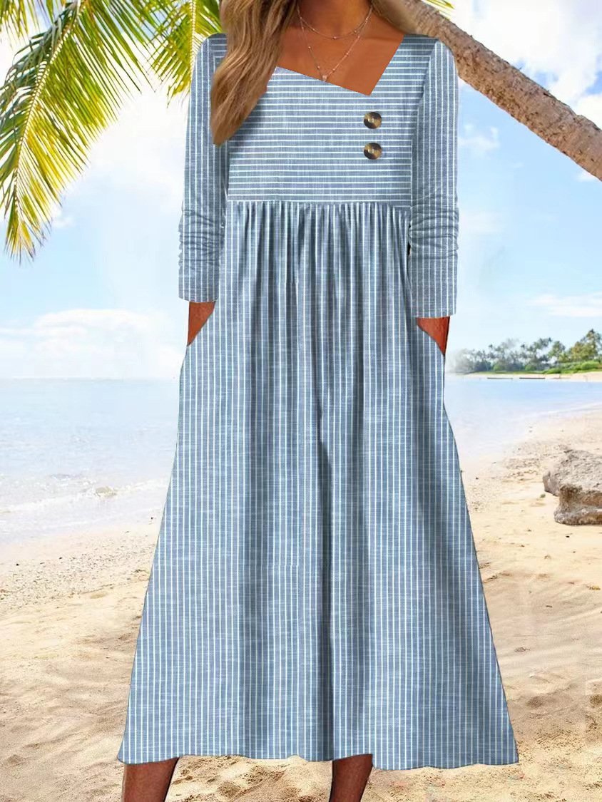 Femmes Rayé Bleu Ciel Asymétrique Confortable Boucle Robe Maxi Décontracté
