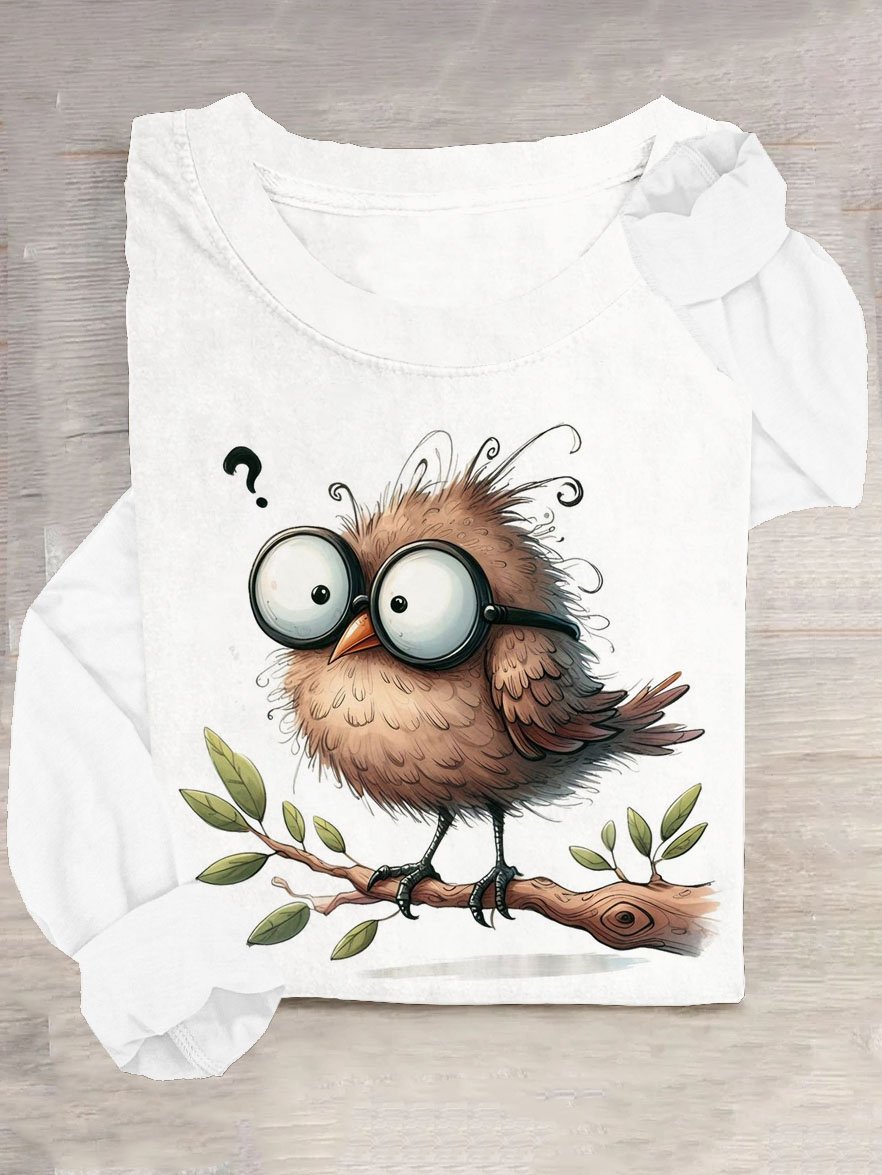 T-shirts Femmes Décontracté Printemps / Automne Oiseau Ample Manches Longues Col Rond en Mélangé de Coton Régulier Droit