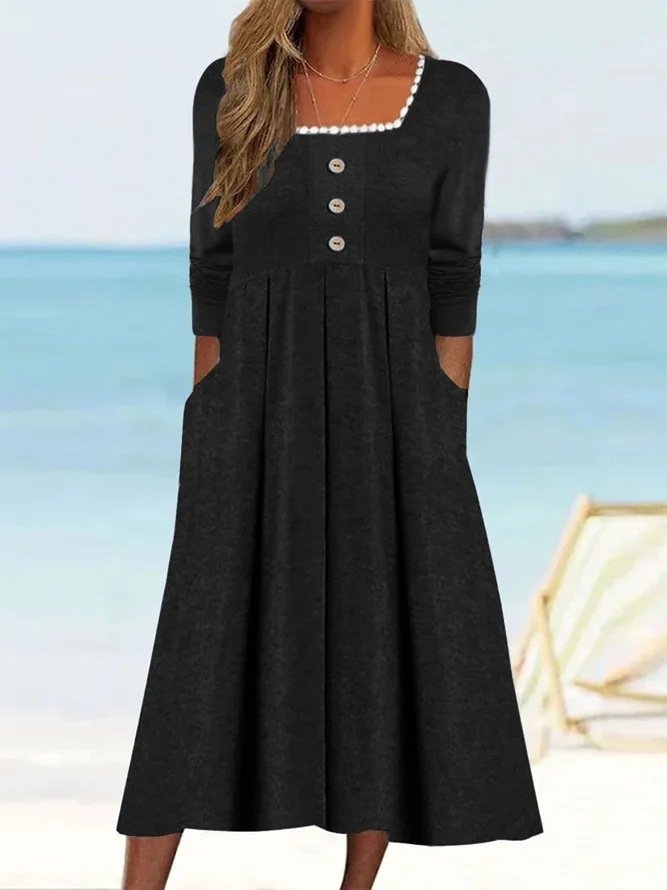 Femmes Plain Blanc Col Carré Confortable Boucle Robe Maxi Décontracté
