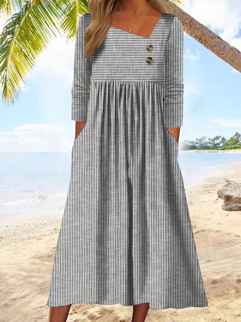 Femmes Rayé Bleu Ciel Asymétrique Confortable Boucle Robe Maxi Décontracté