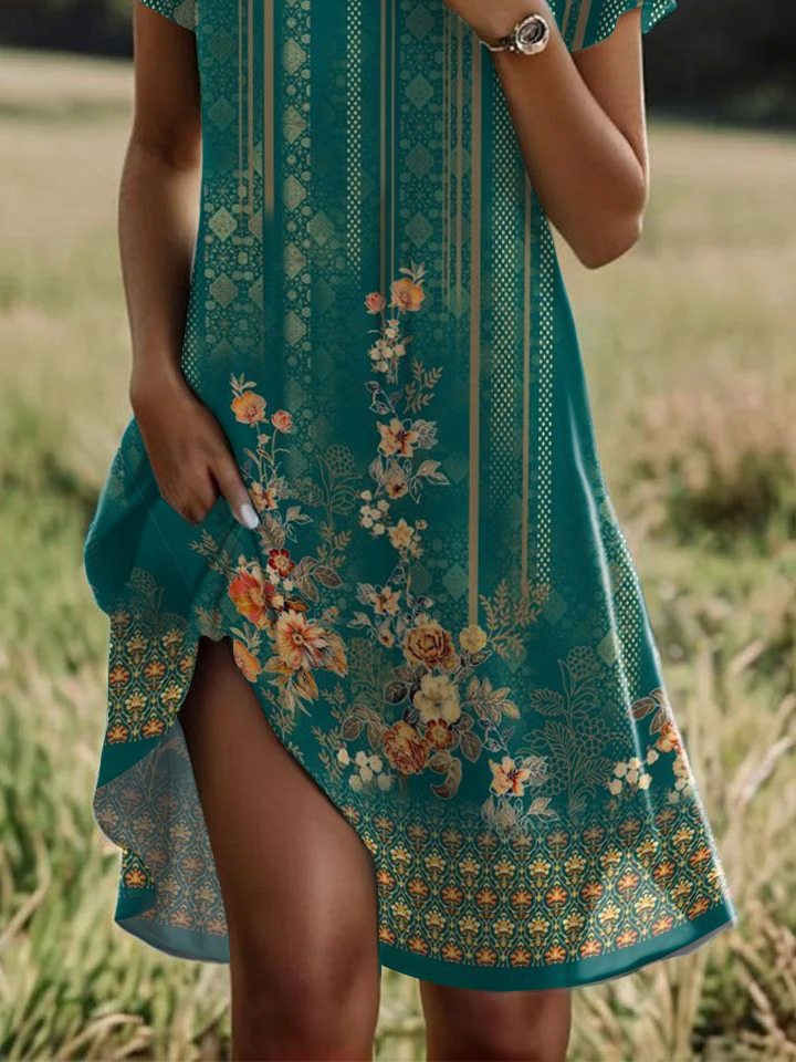 Femmes Floral Vert Col Rond Confortable Robe Mi-Longue Décontracté