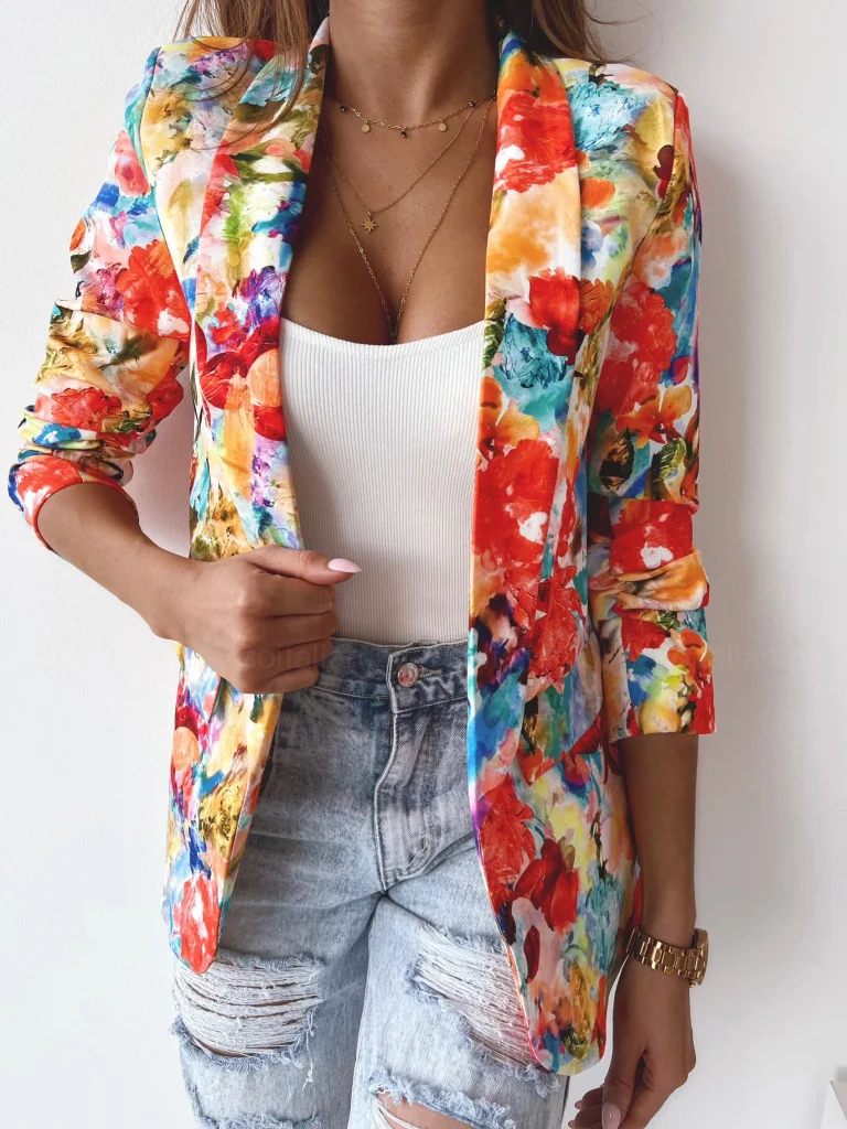 Col Châle Manches Longues Régulier Floral Blazer pour Femmes