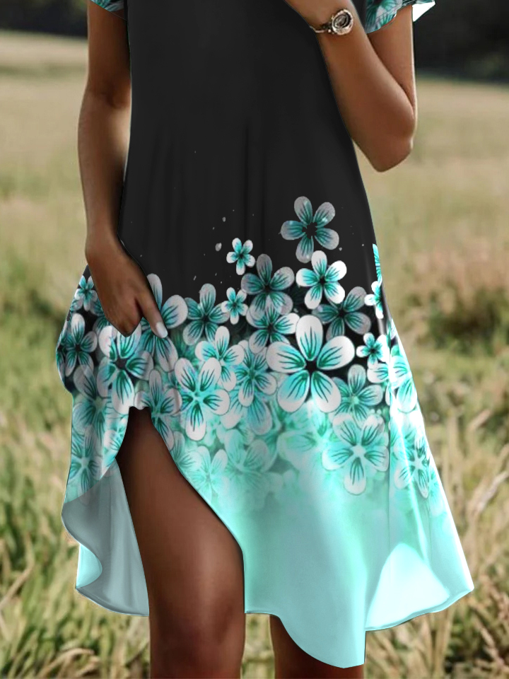 Femmes Floral Noir Col Rond Confortable Robe Mi-Longue Décontracté