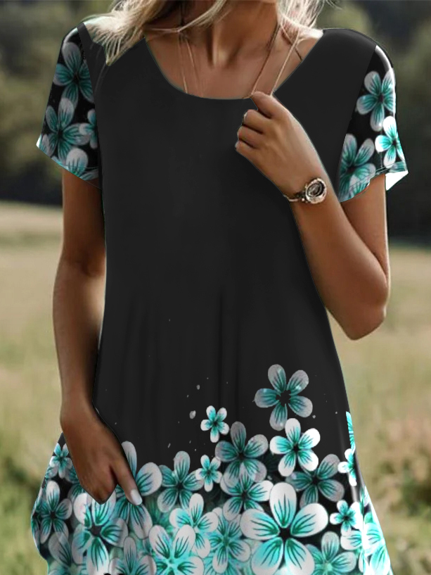 Femmes Floral Noir Col Rond Confortable Robe Mi-Longue Décontracté