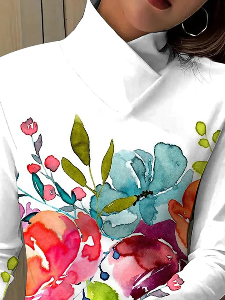 Chemisiers1 Décontracté Floral Printemps / Automne Polyester Coupe Régulière Manches Longues Col Roulé Régulier Régulier pour Femmes