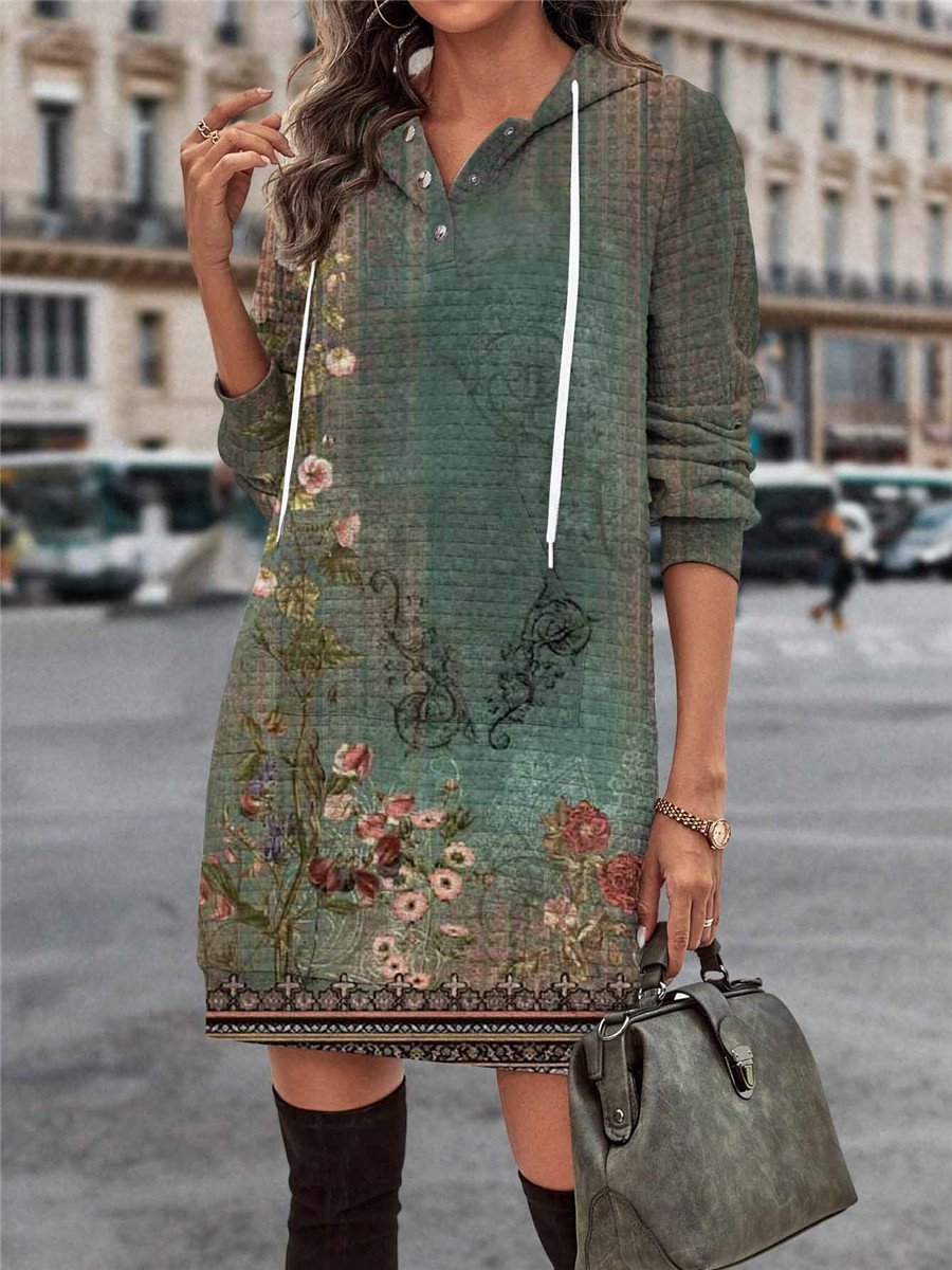Femmes Floral Bleu Foncé Sweat-shirt à Capuche Confortable Boucle Robe Maxi Décontracté