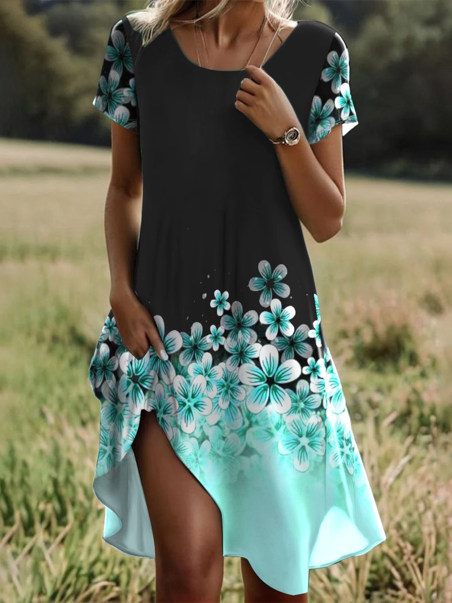 Femmes Floral Noir Col Rond Confortable Robe Mi-Longue Décontracté