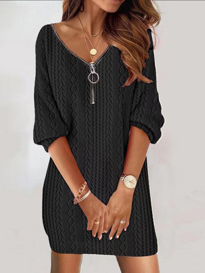 Femmes Plain Blanc Col mi-ouvert Confortable Jacquard Mini Robe Décontracté