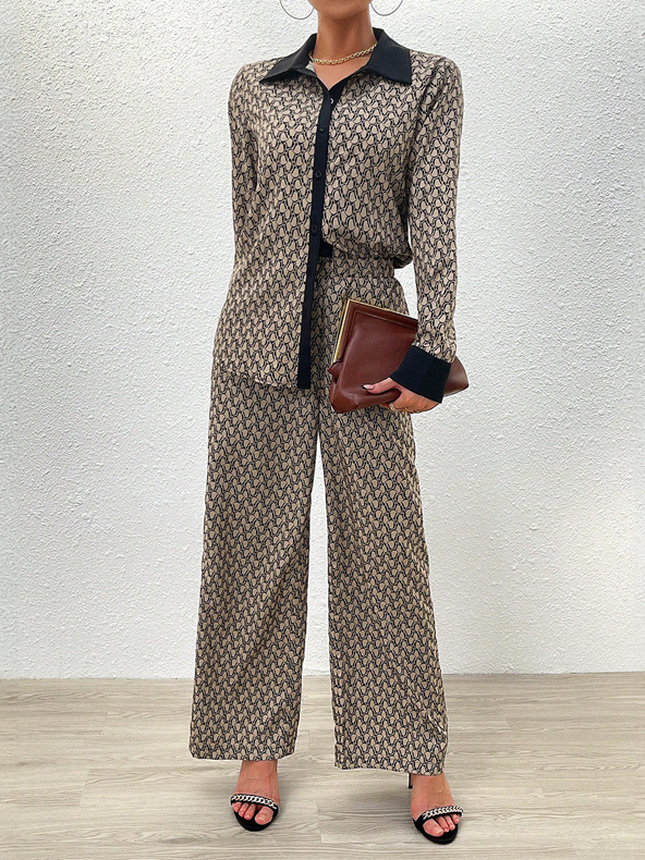 Deux Pièces Ensembles Femmes Géométrique Décontracté Printemps / Automne Micro-élasticité Ample Manches Longues Top Avec Pantalons Droit Col de Chemise