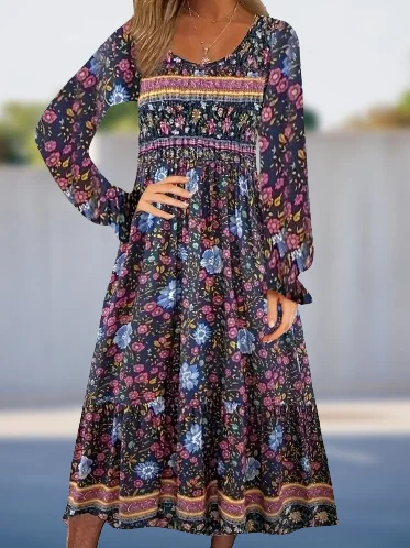 Femmes Floral Rouge Col Rond Confortable Mini Robe Décontracté