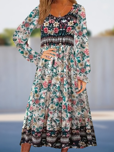 Femmes Floral Rouge Col Rond Confortable Mini Robe Décontracté