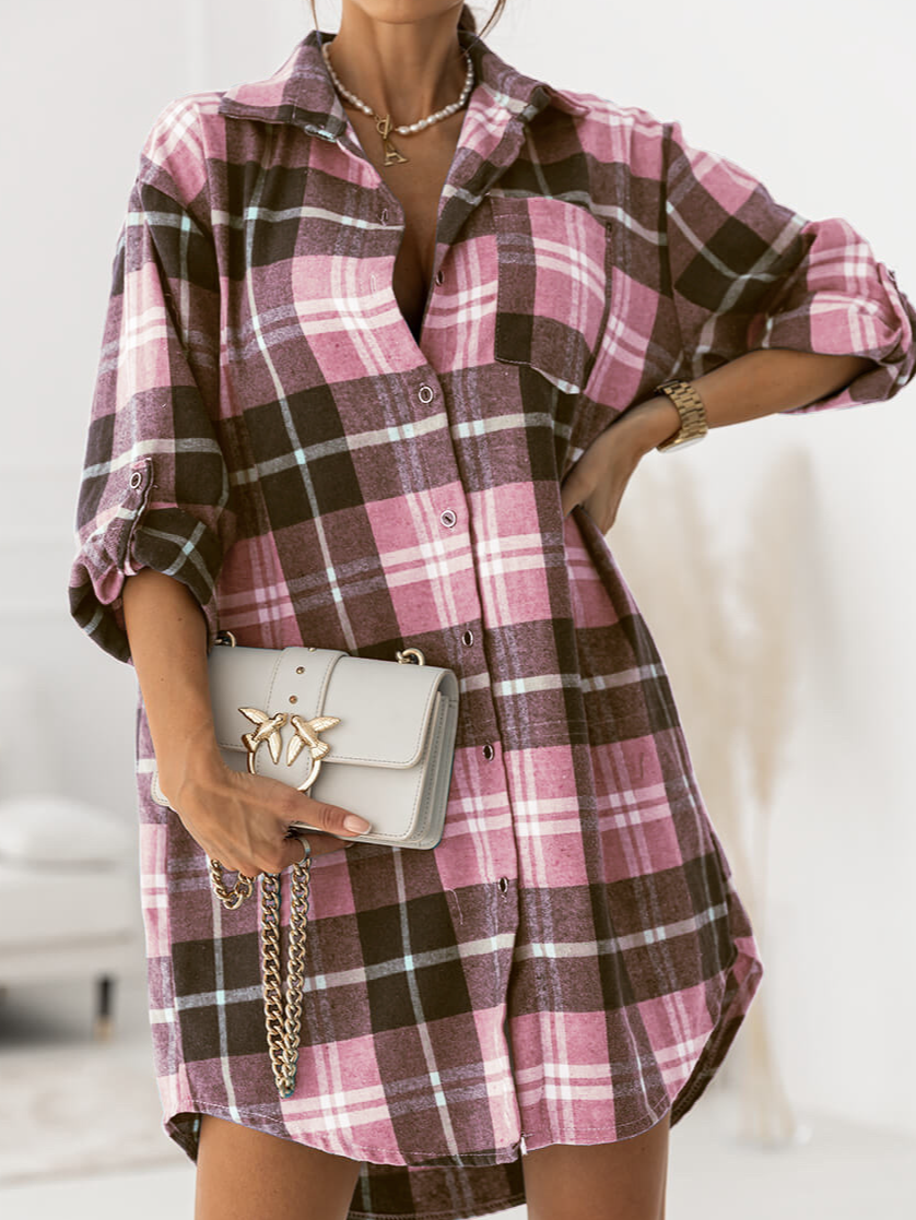 Femmes Plaid Rose Col de Chemise Confortable Mini Robe Décontracté