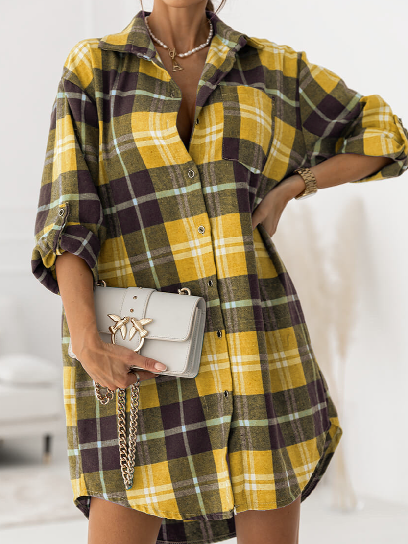 Femmes Plaid Rose Col de Chemise Confortable Mini Robe Décontracté